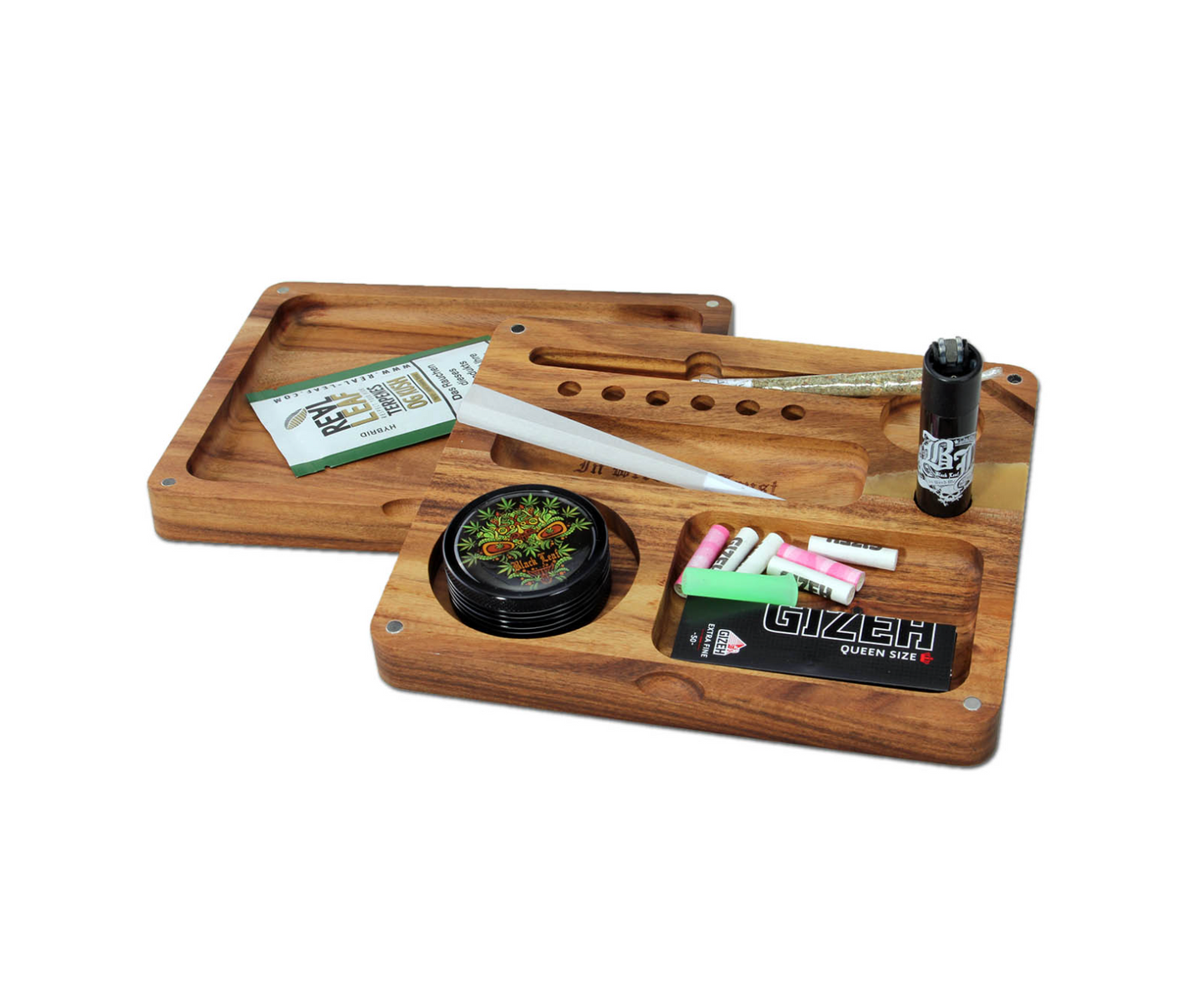 Black Leaf Acacia Wood Rolling Tray 2-part